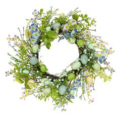 a wreath with blue and green flowers on it