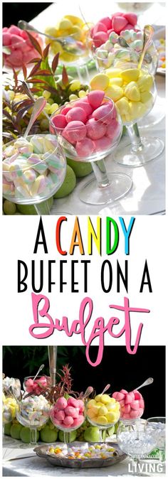 candy buffet on a buffet table with text overlay that reads a candy buffet on a buffet