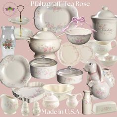 a collection of white and pink porcelain items