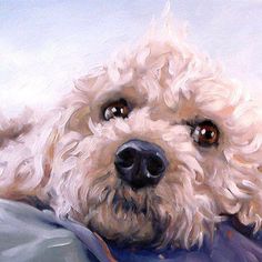 a painting of a white dog laying on top of a blue blanket with his eyes wide open