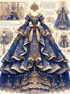 a blue and gold dress with many details on it