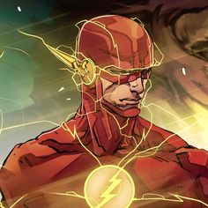 the flash standing in front of a green and yellow background with his head turned to the right