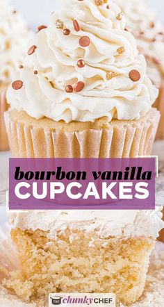 bourbon vanilla cupcakes with white frosting and sprinkles on top