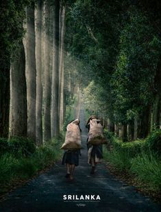 two people walking down a dirt road in the woods with their backs to each other