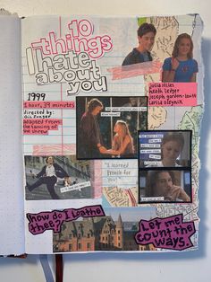 an open notebook with pictures and words on the pages, including images from tv shows