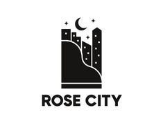 a black and white logo with the words rose city on it's left side