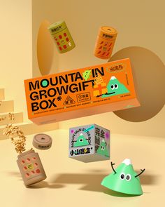 an assortment of items are floating in the air with captioning mountain growth box