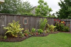 a garden with lots of flowers and plants next to a wooden fence in the back yard