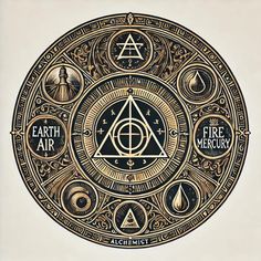 an image of a circle with different symbols in it and the words earth air, fire and water