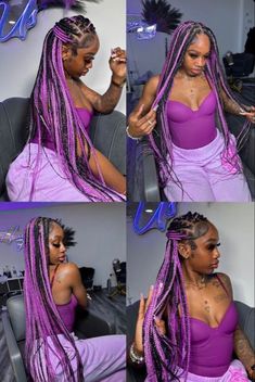 Color Ideas For Box Braids, Peekaboo Braids Styles, Colored Protective Hairstyles, Purple Senegalese Twist, 2 Toned Braids, Orange And Blue Braids, Purple Lemonade Braids, Cute Color Braids