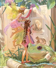 a fairy and a frog in front of an open book