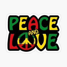 peace and love sticker with the word reggae written in raspberry red, yellow and green