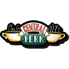 the logo for central perk coffee is shown in black and white, with two cups on