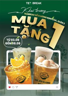 an advertisement for mua tang tea with two cups and orange slices on the side