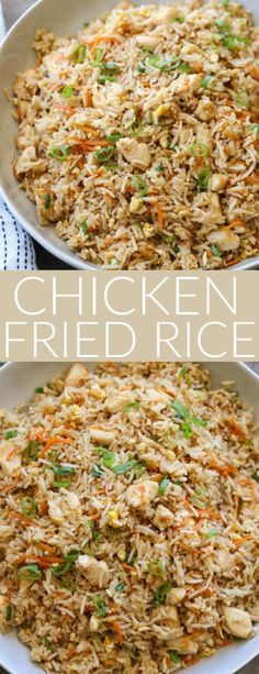 chicken fried rice in a white bowl with green onions and carrots