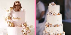 two cakes decorated with gold and white decorations, one has a teddy bear on top