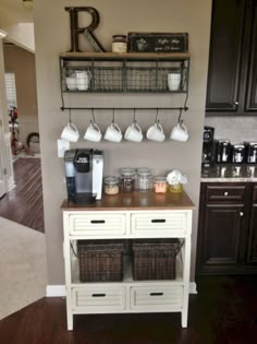 a coffee bar with baskets and cups on it