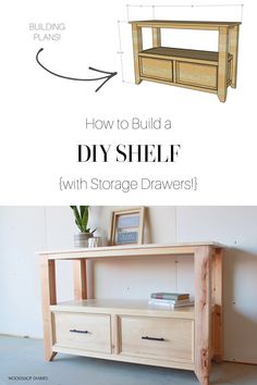 the diy shelf with storage drawers is shown in two different pictures and has text overlay