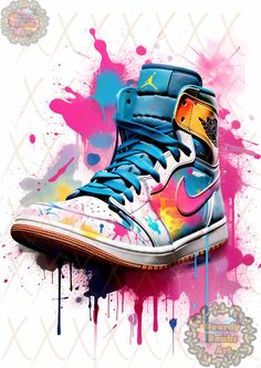 a pair of sneakers with colorful paint splatters