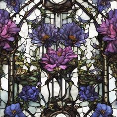 a stained glass window with purple flowers on it