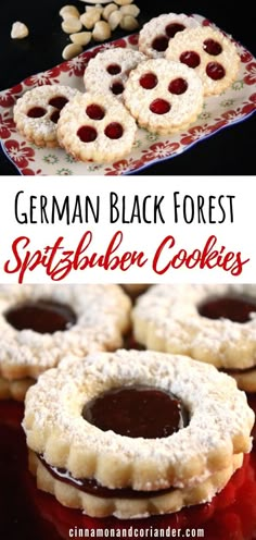 german black forest cookies with raspberry filling on a red and white platter