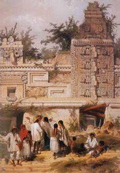 a painting of people standing around in front of a building with carvings on it's walls