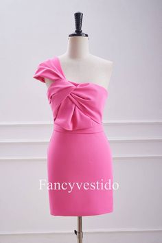 Expertly crafted with a one-shoulder design and a flattering fitted bodice, our Fitted One Shoulder Hot Pink Knot Mini Dress adds a touch of sophistication to your wardrobe. The unique knot detail accentuates your curves and the zipper back ensures a perfect fit. Look and feel confident in this statement dress. ♡ SKU: FV12907 ♡ Fabric: Polyester ♡ Silhouette: Bodycon ♡ Back Style: Zipper Back ♡ Embellishment: One shoulder twist detail ♡ Fully lined & Built with bra ♡ Size: US 2-16. True to the s Chic One-shoulder Bridesmaid Dress With Asymmetrical Neckline, Fitted Asymmetrical One Shoulder Dress For Bridesmaid, Fitted Asymmetrical One Shoulder Bridesmaid Dress, One Shoulder Mini Dress For Wedding Guest, Pink Fitted One-shoulder Bridesmaid Dress, Fitted Pink One Shoulder Bridesmaid Dress, Fitted Pink One-shoulder Bridesmaid Dress, One-shoulder Mini Dress For Wedding Guest, Detachable Wedding Dress