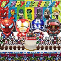 the avengers birthday cake is surrounded by cupcakes