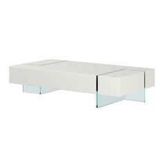 a white coffee table with glass shelves on the top and bottom, against a white background