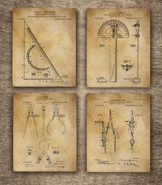 four old paper drawings depicting different types of tools