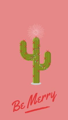 a cactus with fireworks in the background and be merry written on it's side