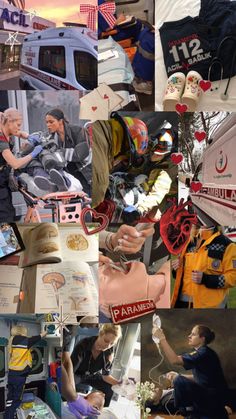 collage of various pictures with people and items in them, including an ambulance truck