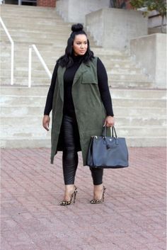 Leather Leggings Outfit, Plus Size Winter, Green Vest