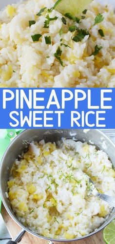 pineapple sweet rice in a pan with lime wedges