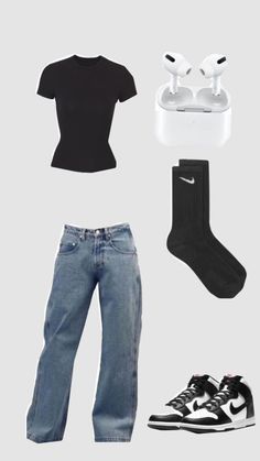 an assortment of items that include shoes, socks and t - shirt