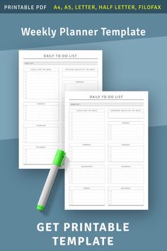 the printable weekly planner is shown on top of a blue background with a green marker