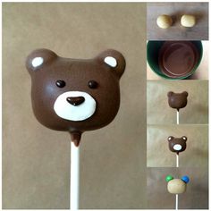 a chocolate bear lollipop on a stick with four different candies around it