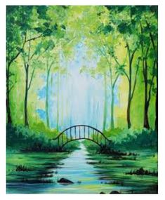 a painting of a bridge in the middle of a forest with green trees and water