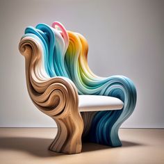 an artistic bench made out of wood and colored paper