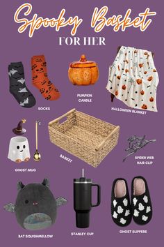 a purple poster with various items for halloween