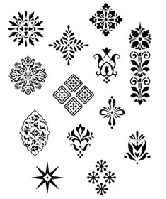 an assortment of black and white snowflakes on a white background, each with different designs