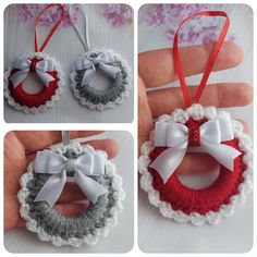 three pictures of christmas ornaments with bows on them