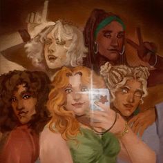 a painting of four women taking a selfie