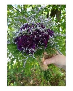 a hand holding a bouquet of purple flowers in front of some green leaves and trees