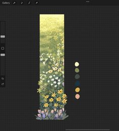 an image of flowers and grass in the middle of a screen shot with color swatches