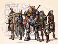 a group of people standing next to each other in front of a bear with two swords