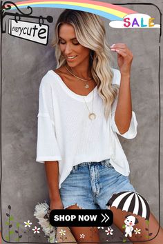 White V Neck Short Sleeve Knit Tee Knit V-neck Top For Day Out, Spring V-neck Knit T-shirt, Chic Knit T-shirt For Spring, Spring Knit V-neck T-shirt, White Waffle Knit Tops For Summer, Oversized Waffle Knit Tops For Spring, Spring Oversized Waffle Knit Tops, Knit Tops For Casual Gatherings In Fall, Trendy Long Sleeve Knit T-shirt