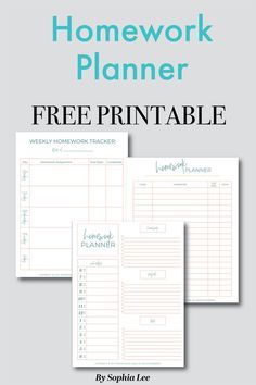 the free printable homework planner is shown in three different colors and sizes, with text that