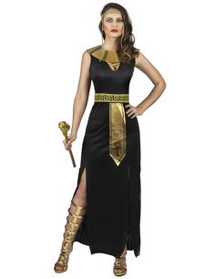 Disfraz diosa del Nilo mujer: Este disfraz de egipcia para mujer incluye vestido, cuello, diadema y cinturón (cetro y zapatos no incluidos). El vestido es largo y negro con abiertos en las piernas. El cuello es... Egyptian Fancy Dress, Egyptian Goddess Costume, Ancient Egyptian Clothing, Cleopatra Halloween Costume, Egyptian Dress, Egyptian Clothing, Egyptian Fashion, Goddess Costume