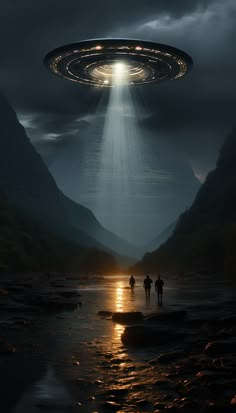 two people are walking in the water with an alien ring above their head and mountains behind them